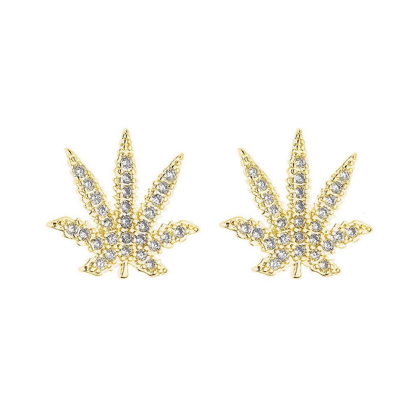 Sterling Silver And 14K Gold Hemp Leaf Earrings with crystals