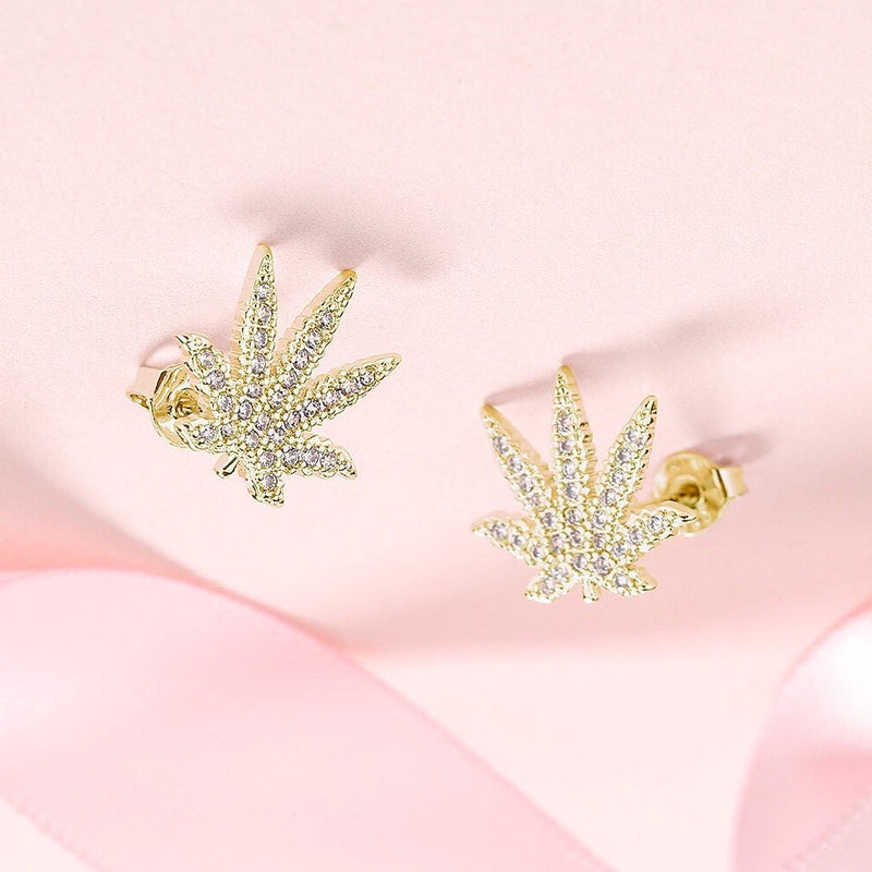 Sterling Silver And 14K Gold Hemp Leaf Earrings with crystals