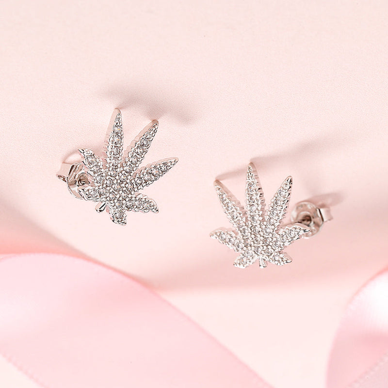 Sterling Silver And 14K Gold Hemp Leaf Earrings with crystals