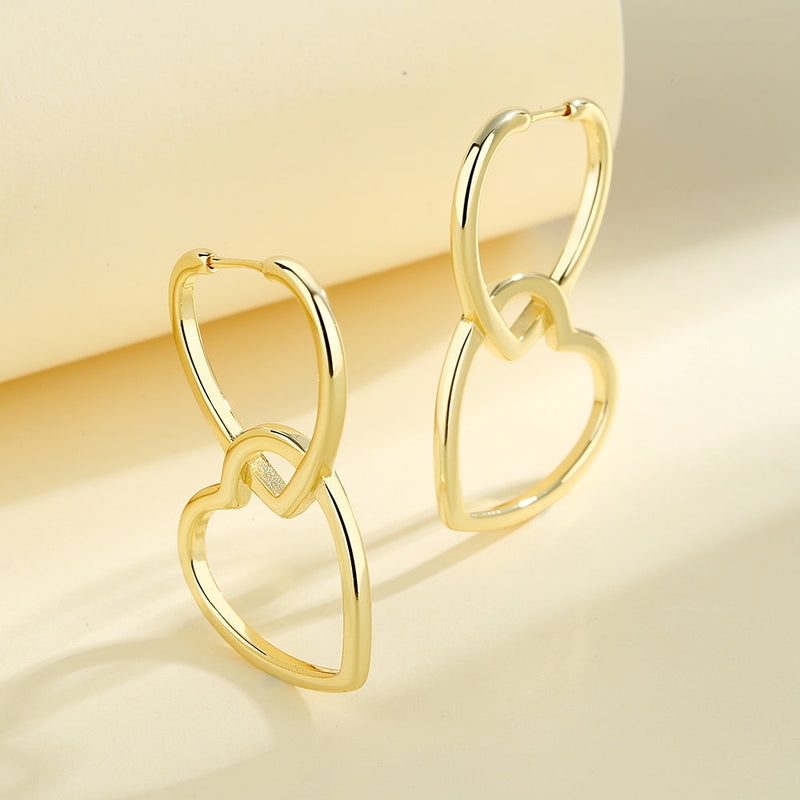 14K Gold and Sterling Silver Double Heart Drop Earrings