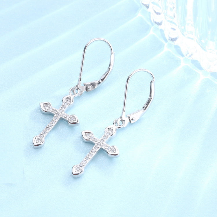 Amy and Annette 18K White Gold Leverback Cross Earrings with crystals from Swarovski