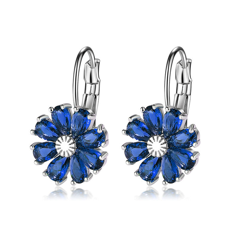 Sapphire and Multi-Color Flower Drop Leverback Earrings with Crystals