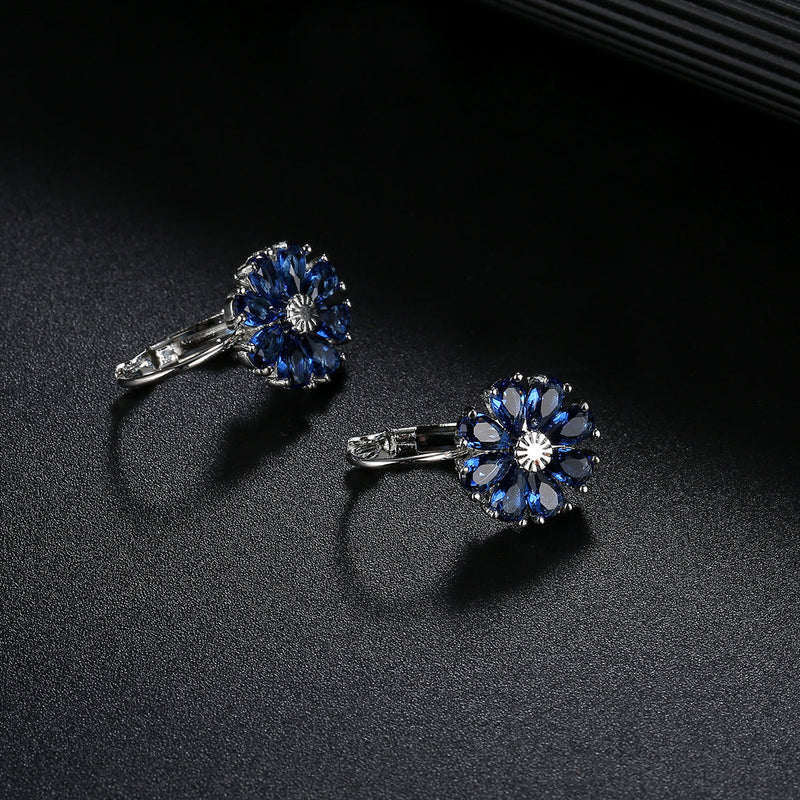 Sapphire and Multi-Color Flower Drop Leverback Earrings with Crystals