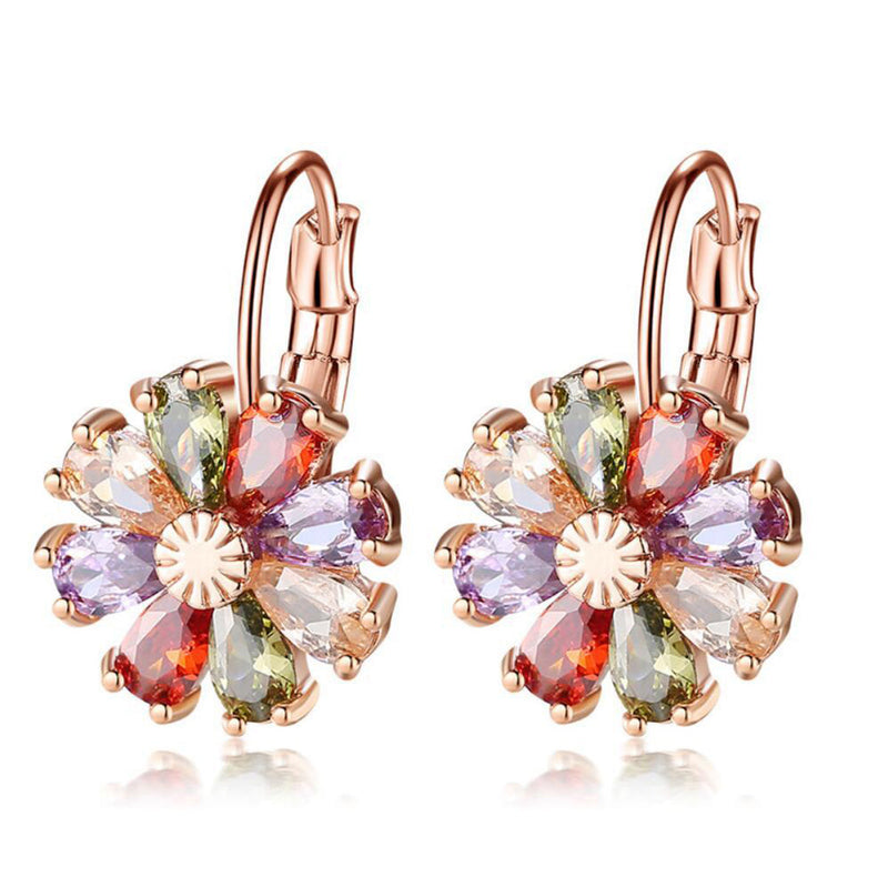 Sapphire and Multi-Color Flower Drop Leverback Earrings with Crystals