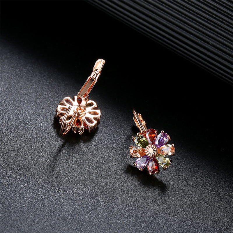 Sapphire and Multi-Color Flower Drop Leverback Earrings with Crystals