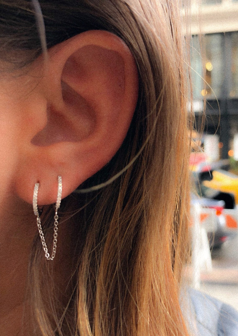 14k Gold and Sterling Silver Double Huggie Chain Earrings with Crystals