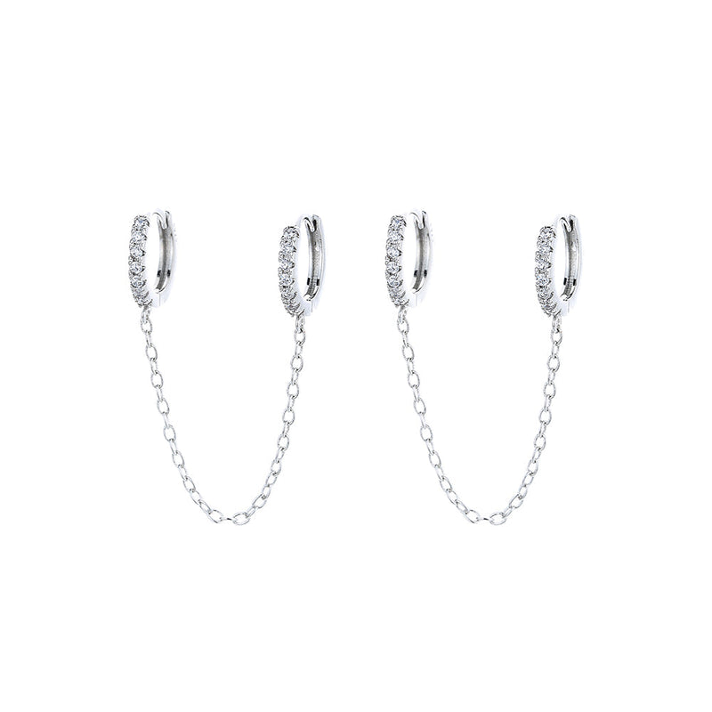 14k Gold and Sterling Silver Double Huggie Chain Earrings with Crystals