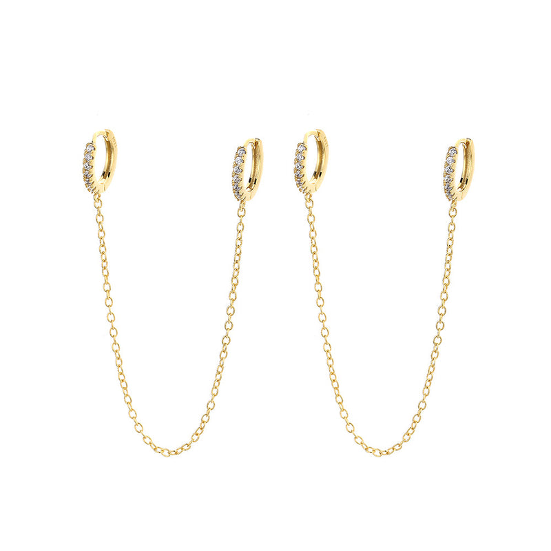 14k Gold and Sterling Silver Double Huggie Chain Earrings with Crystals