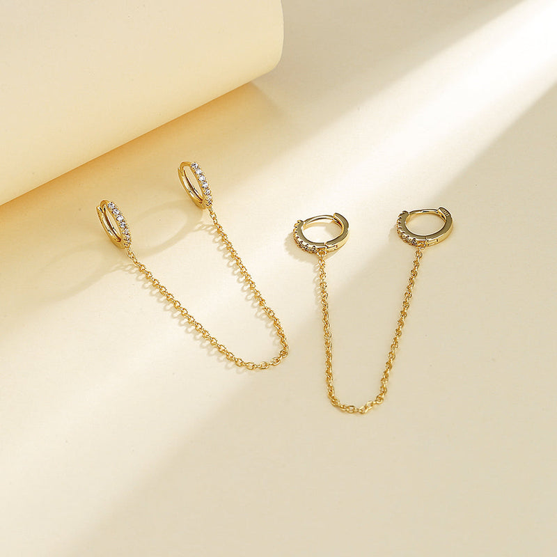 14k Gold and Sterling Silver Double Huggie Chain Earrings with Crystals