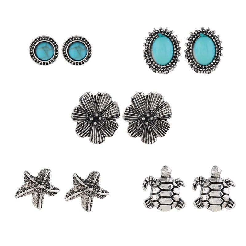Oxidized Silver and Turquoise Beach Earring (5 Pair Studs)