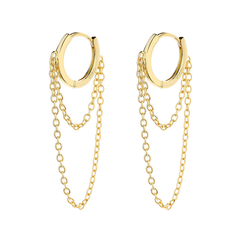 14K Gold Huggie Hoop Double Chain Drop Earring