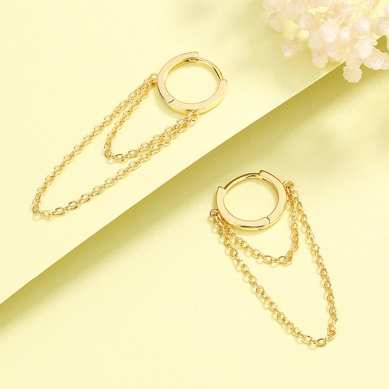 14K Gold Huggie Hoop Double Chain Drop Earring