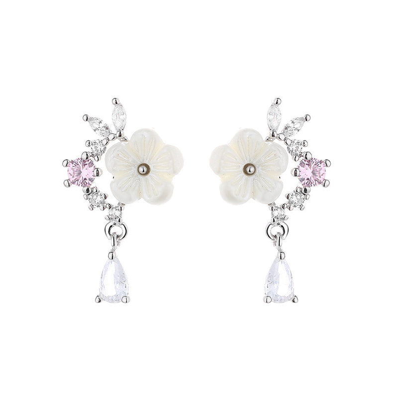 14K Rose Gold And Sterling Silver and Pink Cat's-Opal Eye Flower Drop Earrings