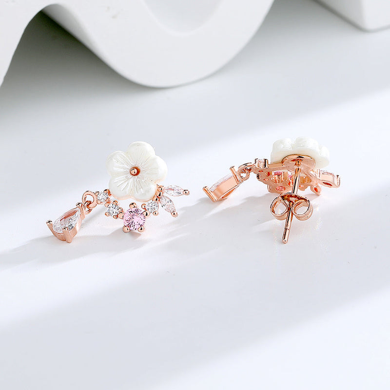 14K Rose Gold And Sterling Silver and Pink Cat's-Opal Eye Flower Drop Earrings