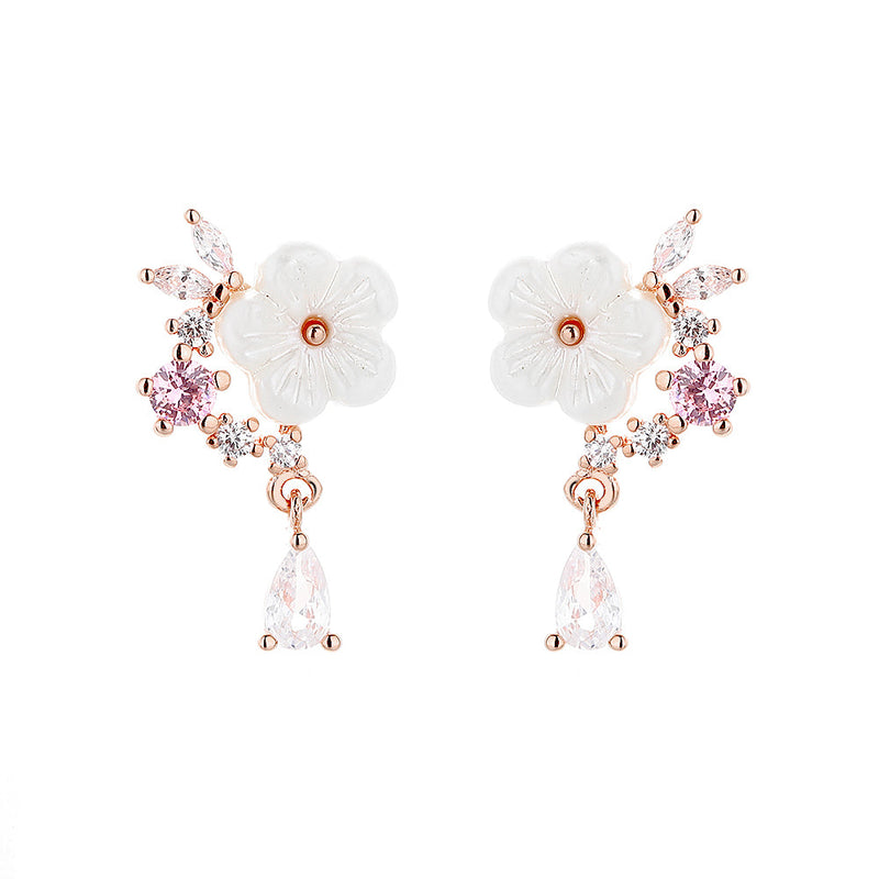 14K Rose Gold And Sterling Silver and Pink Cat's-Opal Eye Flower Drop Earrings