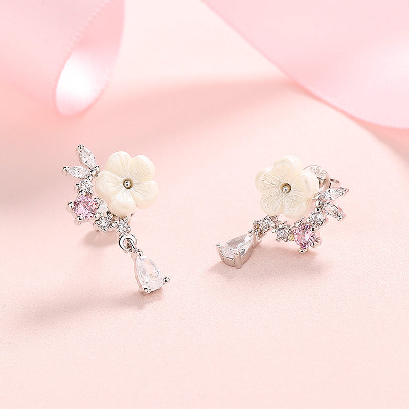 14K Rose Gold And Sterling Silver and Pink Cat's-Opal Eye Flower Drop Earrings