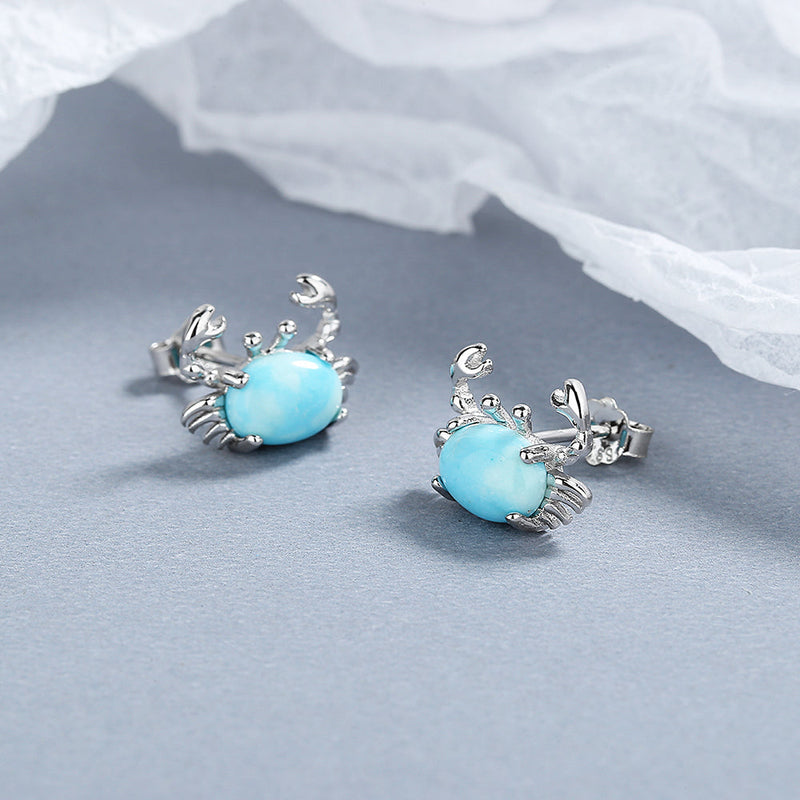 Sterling Silver Genuine Larimar Crab Earrings