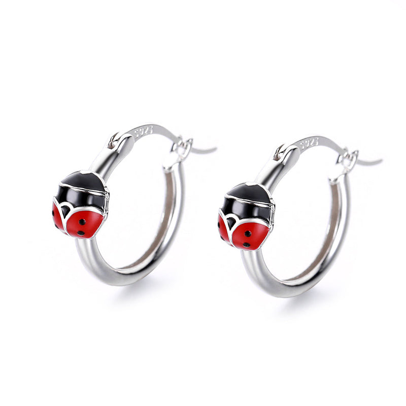 Red and Black Enam & Solid Sterling Silver Ladybug Petite Huggie Earrings