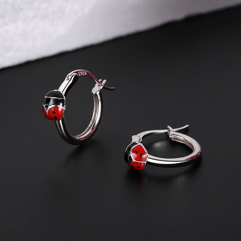 Red and Black Enam & Solid Sterling Silver Ladybug Petite Huggie Earrings