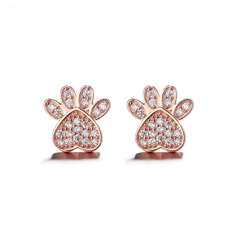 Sterling Silver and 14K Rose Gold Plated Crystal Paw Stud Earrings