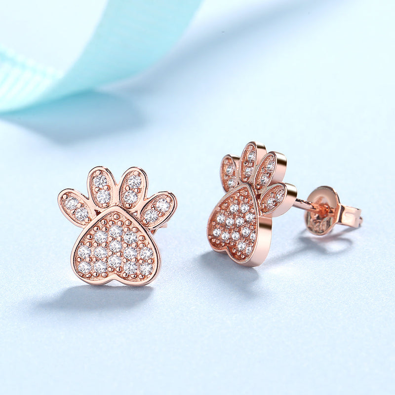 Sterling Silver and 14K Rose Gold Plated Crystal Paw Stud Earrings