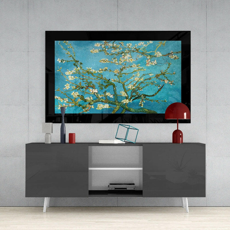 Turquoise Almond Flowers Glass Wall Art