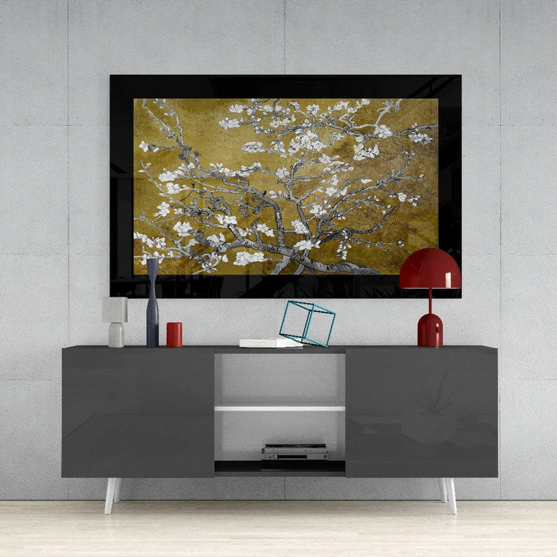Gold Almond Flowers Glass Wall Art