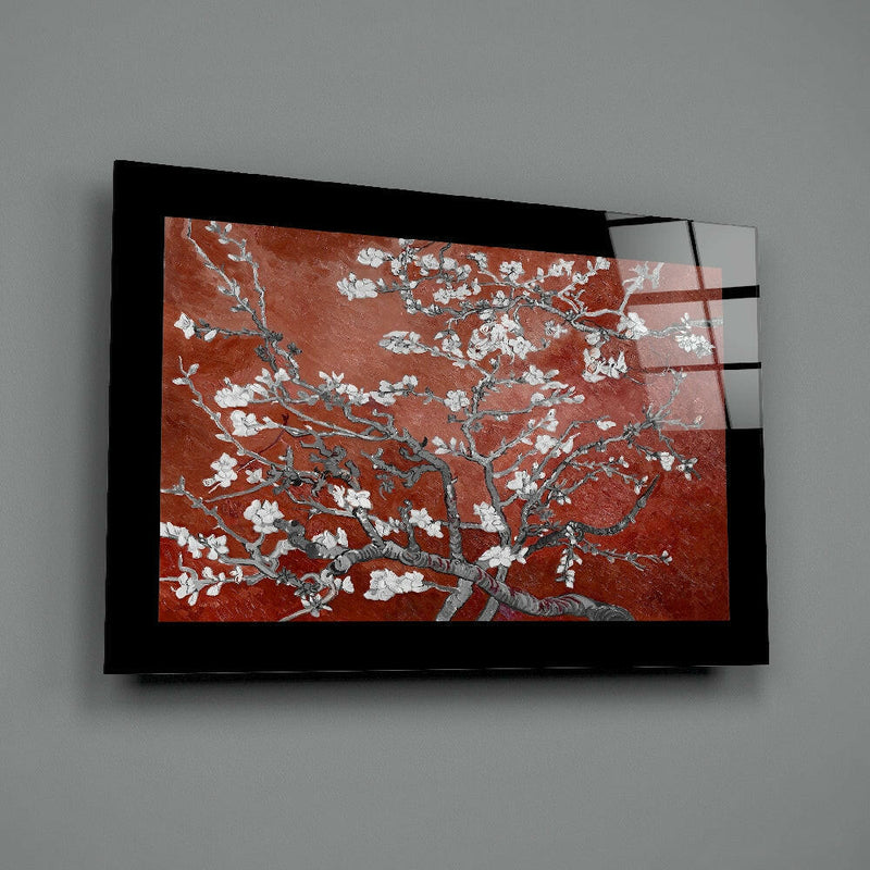 Maroon Almond Flowers Glass Wall Art