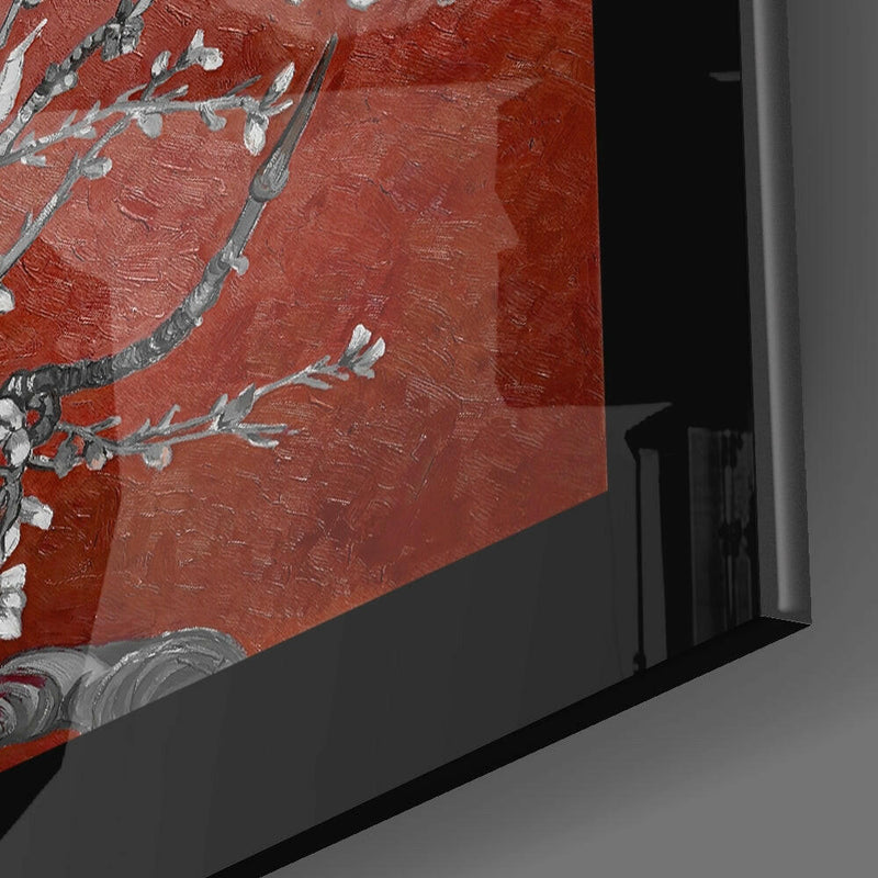 Maroon Almond Flowers Glass Wall Art