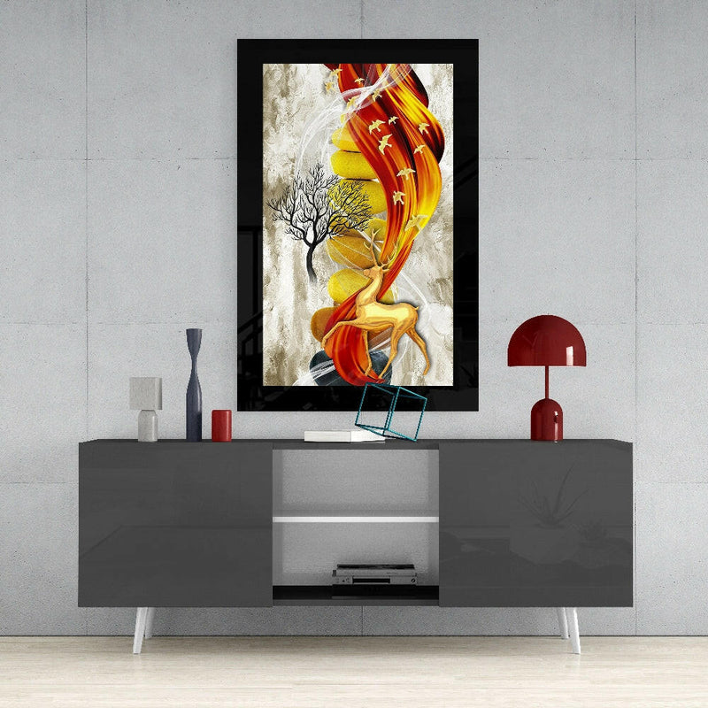 Red Gold Deer Glass Wall Art