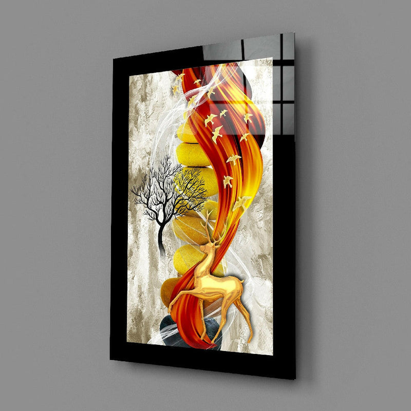 Red Gold Deer Glass Wall Art