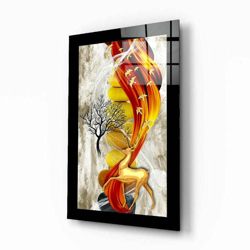 Red Gold Deer Glass Wall Art