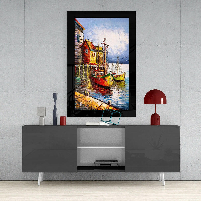 Fishing Town Glass Wall Art