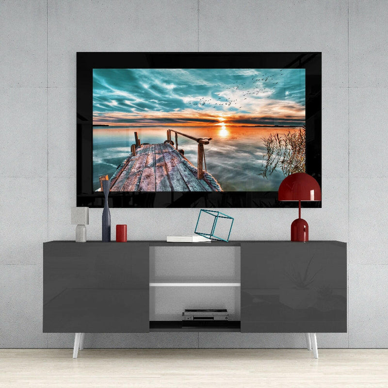 Sunset on the Dock Glass Wall Art
