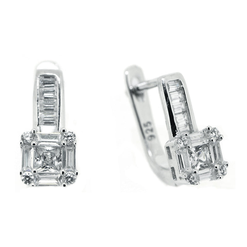 Sterling Silver Studded Square Crystal Leverback Earrings