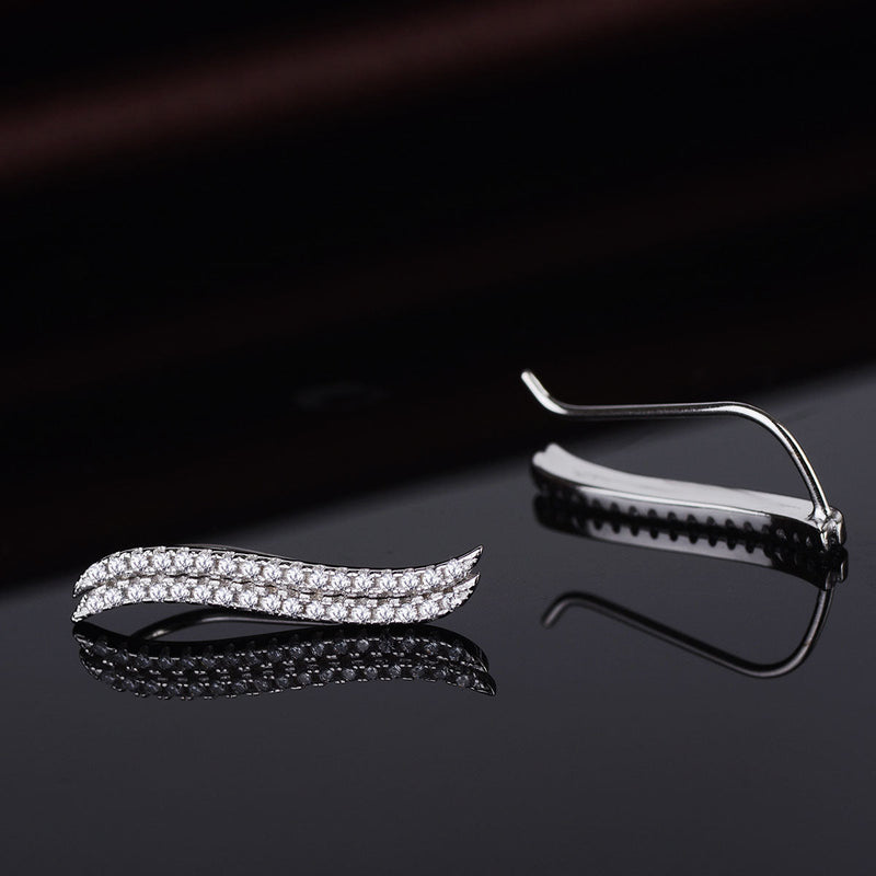 14K White Gold Double Wave Crystal Climber Earrings