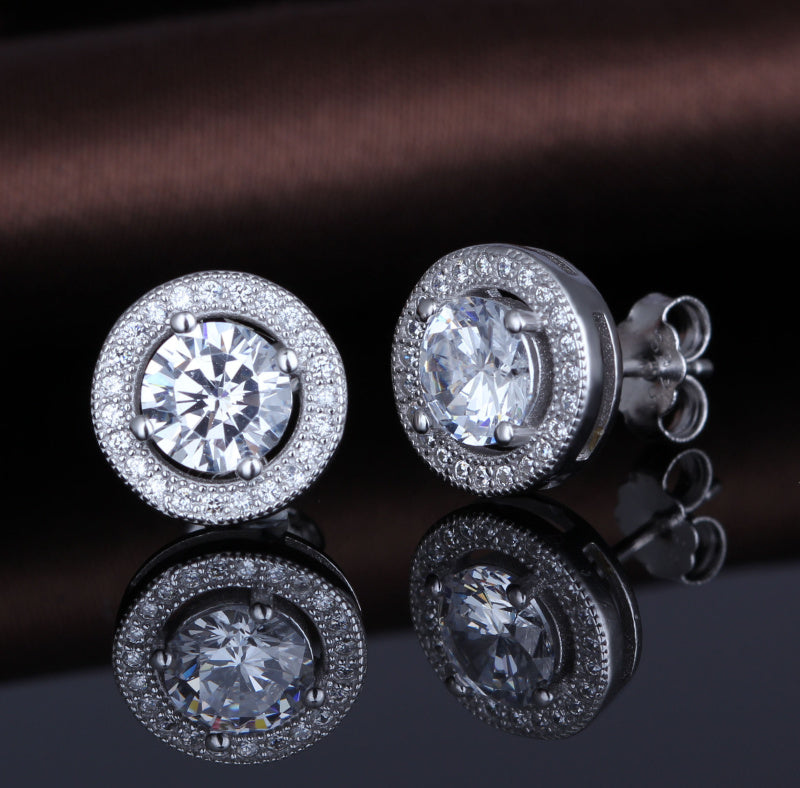 Amy and Annette 14K Gold or Sterling Silver Round Halo Earrings with Crystals