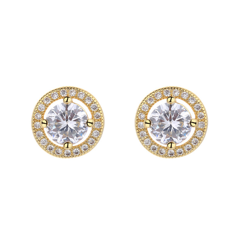 Amy and Annette 14K Gold or Sterling Silver Round Halo Earrings with Crystals