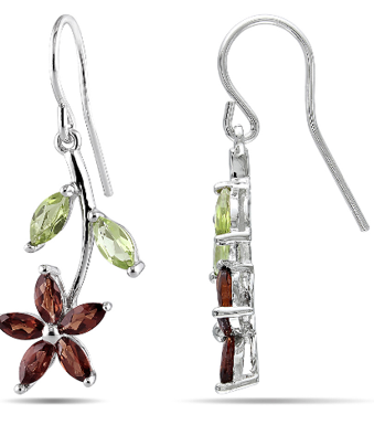 Sterling Silver Garnet and Peridot Floral Drop Earrings