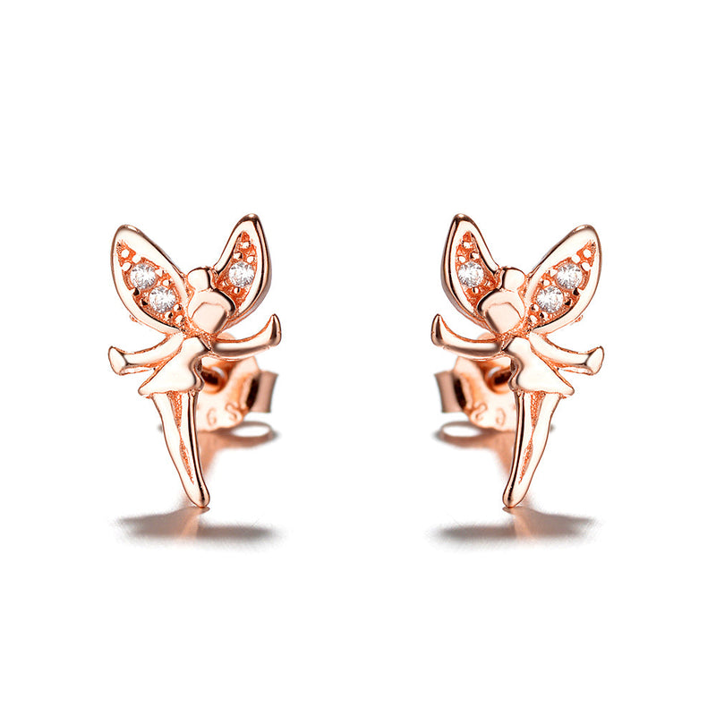 18K Rose Gold and Sterling Silver Crystal Fairy Stud Earrings