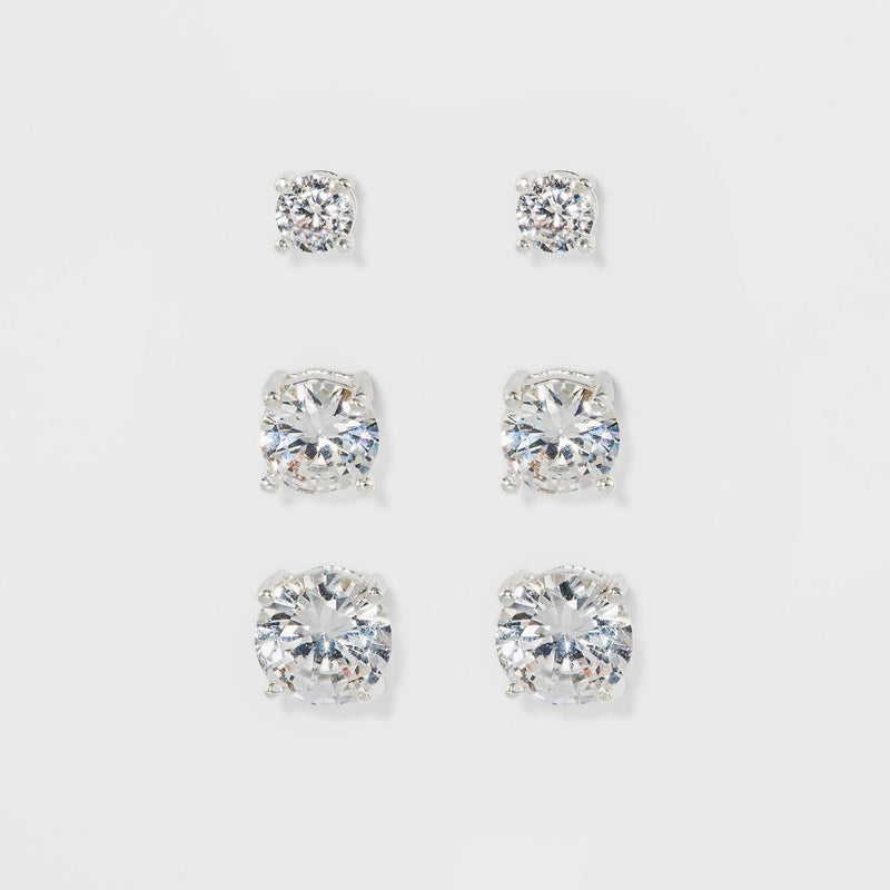 14K Gold over Sterling Silver Stud Earrings with Simulated Diamonds set of 3 (6 total pieces)