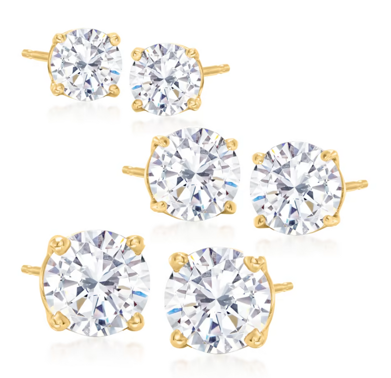 14K Gold over Sterling Silver Stud Earrings with Simulated Diamonds set of 3 (6 total pieces)
