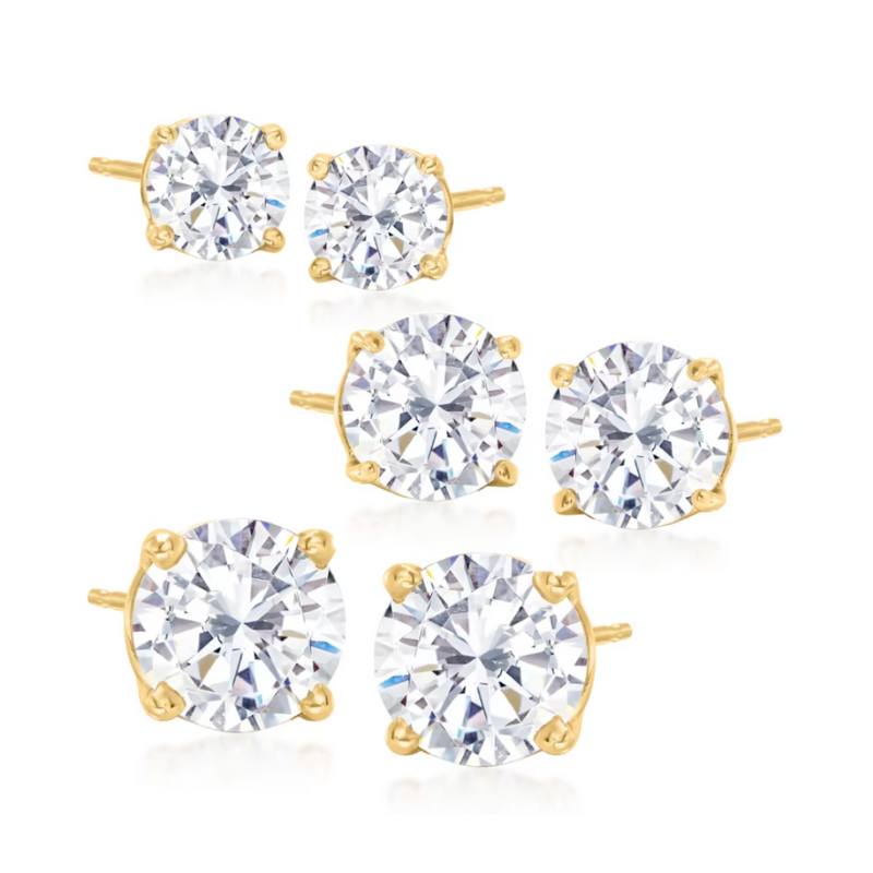 14K Gold over Sterling Silver Stud Earrings with Simulated Diamonds set of 3 (6 total pieces)