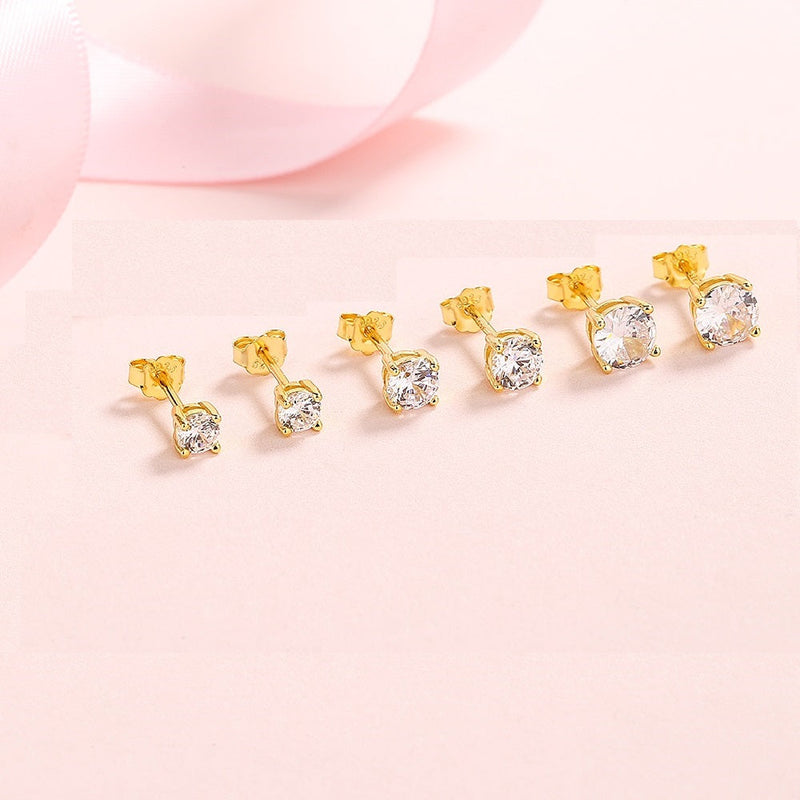 14K Gold over Sterling Silver Stud Earrings with Simulated Diamonds set of 3 (6 total pieces)