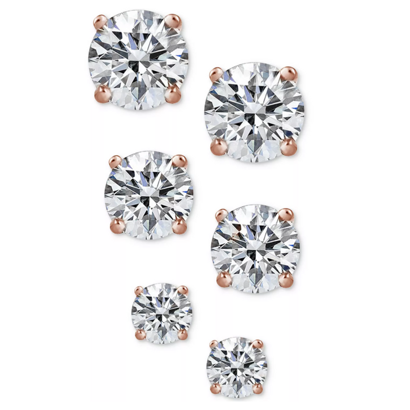 14K Gold over Sterling Silver Stud Earrings with Simulated Diamonds set of 3 (6 total pieces)