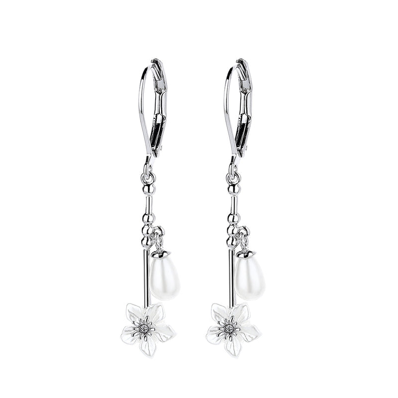 Cultured Pearl & Sterling Silver Floral Leverback Drop Earrings