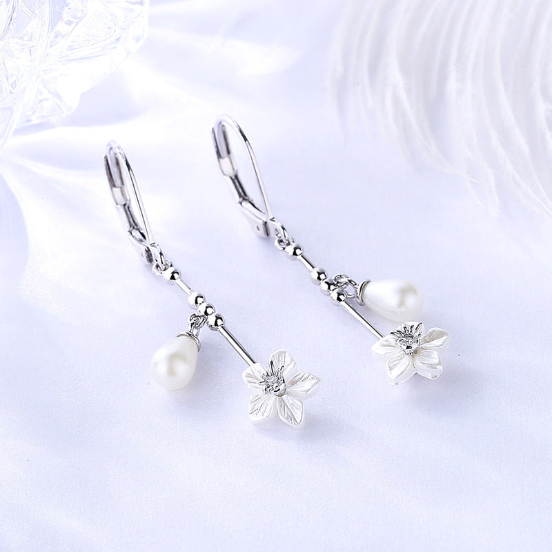 Cultured Pearl & Sterling Silver Floral Leverback Drop Earrings