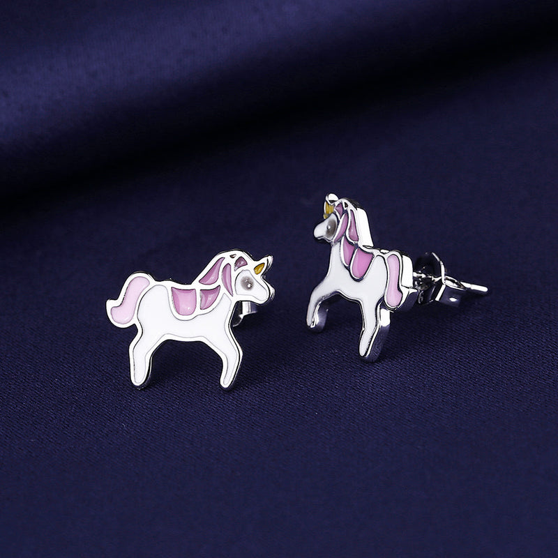 Sterling Silver Pink and White Unicorn Stud Earrings