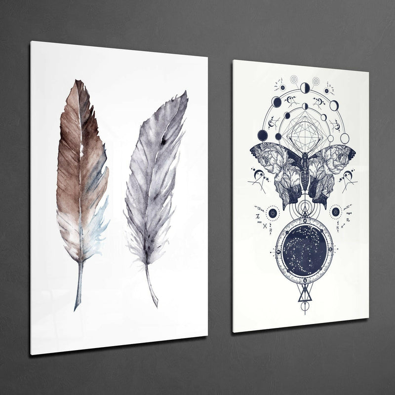 Feathers and Butterfly 2 Pieces Combine Glass Wall Art