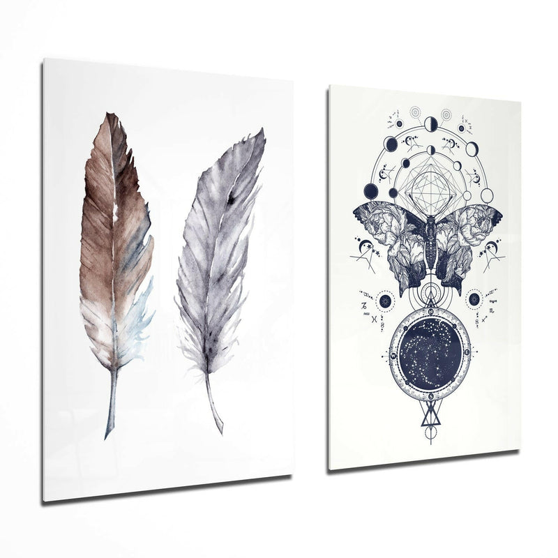 Feathers and Butterfly 2 Pieces Combine Glass Wall Art